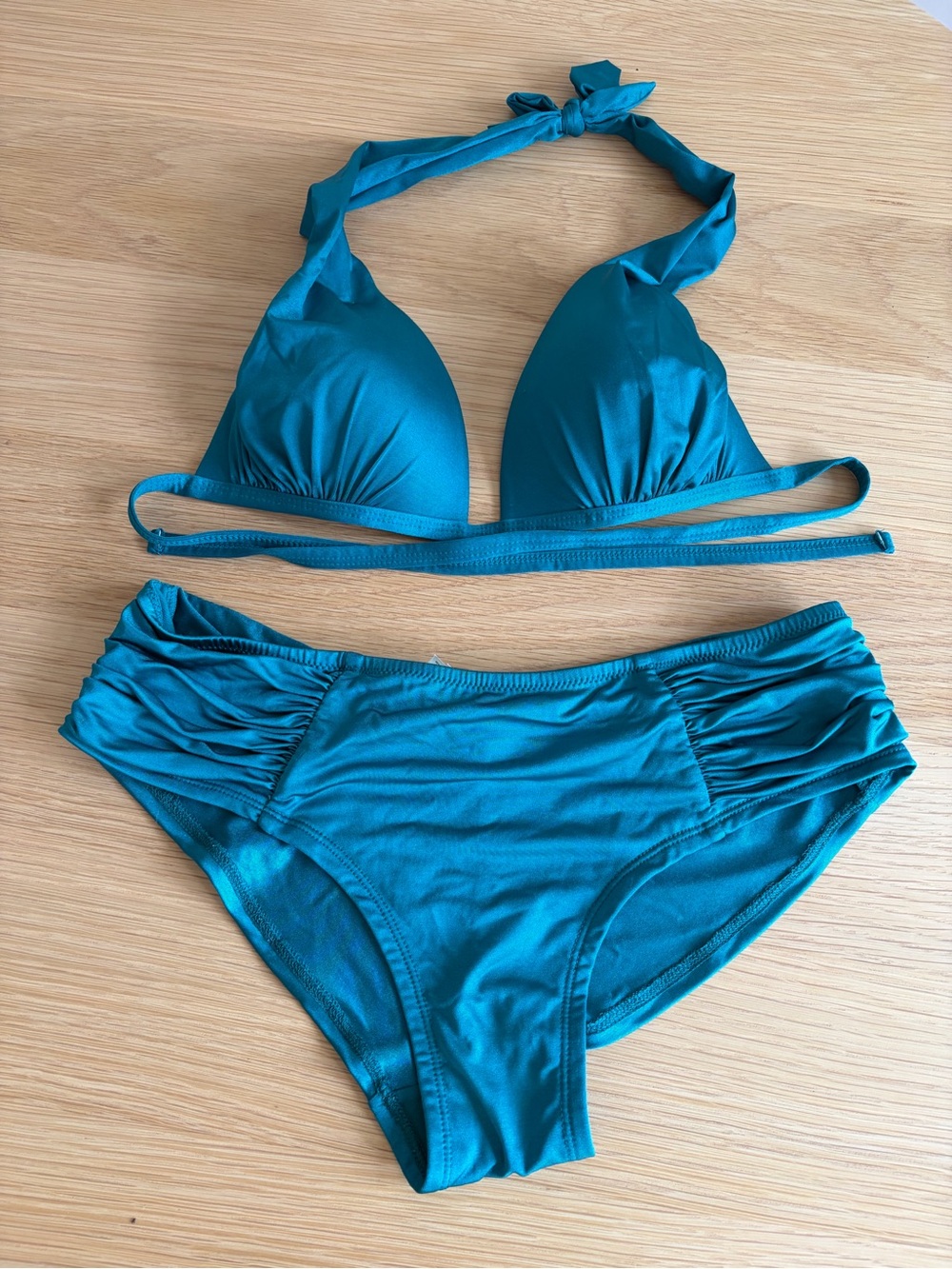 Women’s Teal Halter Bikini Set with Ruched Briefs - Picture 1 of 5